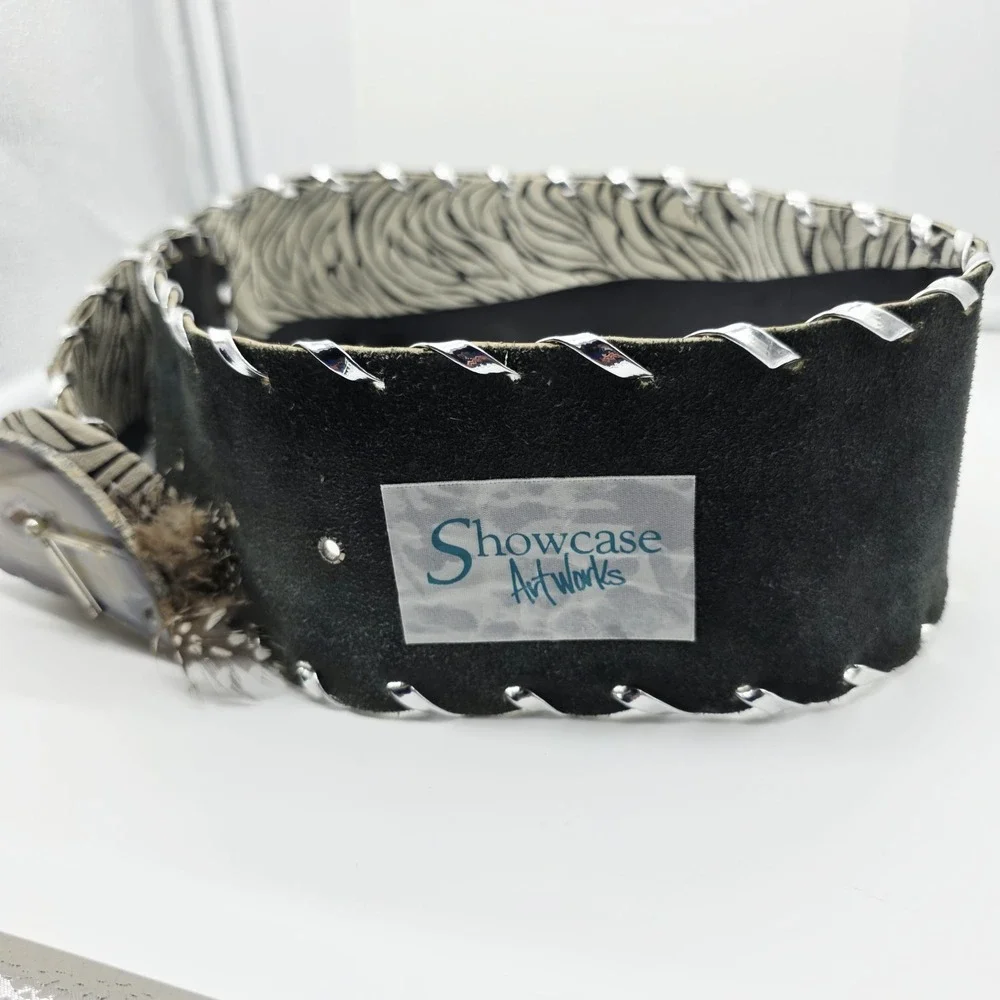 Handmade Leather Agate Geode Stone Belt Zebra Print Wearable Art 36 x 3.5
